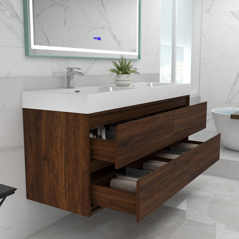 Base de meuble-lavabo mural 60 po avec dessus en acrylique renforcé Noble Moreno, Blanc