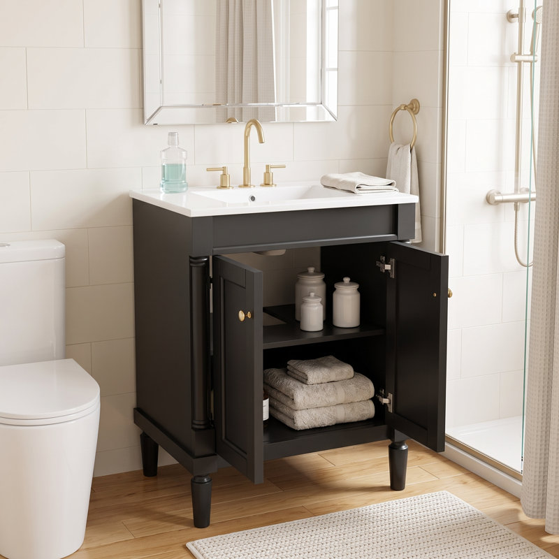 Armoire de meuble-lavabo simple 24 po avec lavabo de comptoir et grandes tablettes de rangement à 2 niveaux, Black, 24"