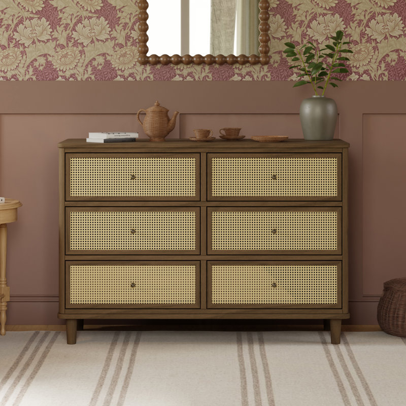 Marin with Cane 6 Drawer Dresser, Natural Walnut/ Blonde Cane