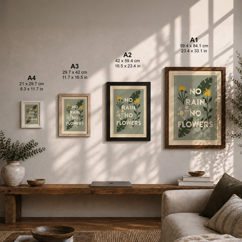 No Rain No Flowers Botanical - Framed Print, A1 - 84.1 x 59.4 cm, Oak