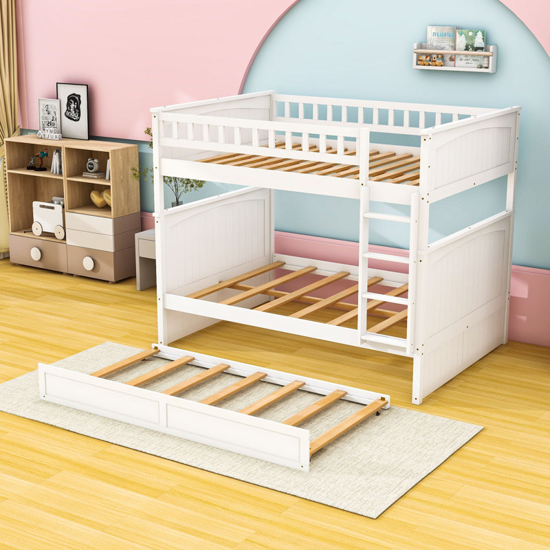 Full Over Full Bunk Bed With Twin Trundle, Guardrails And Ladder, Convertible Into Separate Beds, White