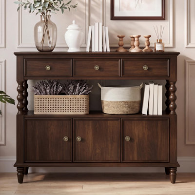Allensby 3-Tier Storage Cabinet with 3 Drawers, Open Shelf & 3-Door Cabinet, Real Wood Veneer & Solid Wood Legs for Living Room or Entryway
