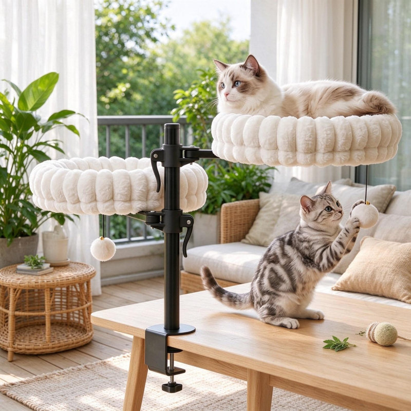 Indoor Cat Desk Hammock Bed with 2 Removable Beds and 2 Hanging Balls