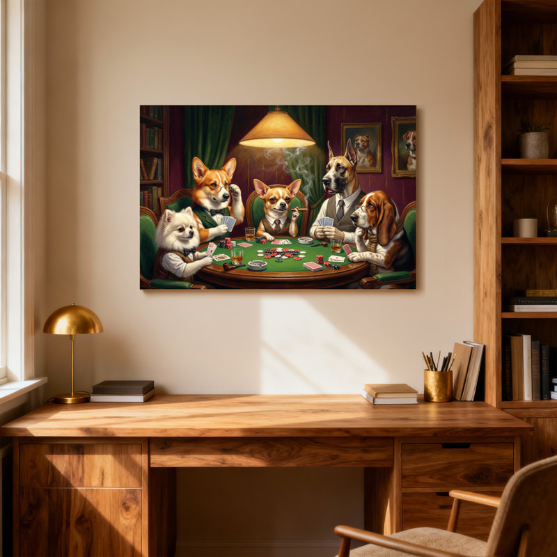 Animaux, chiens, jouer au poker à table avec cartes, H 12 po x l 18 po