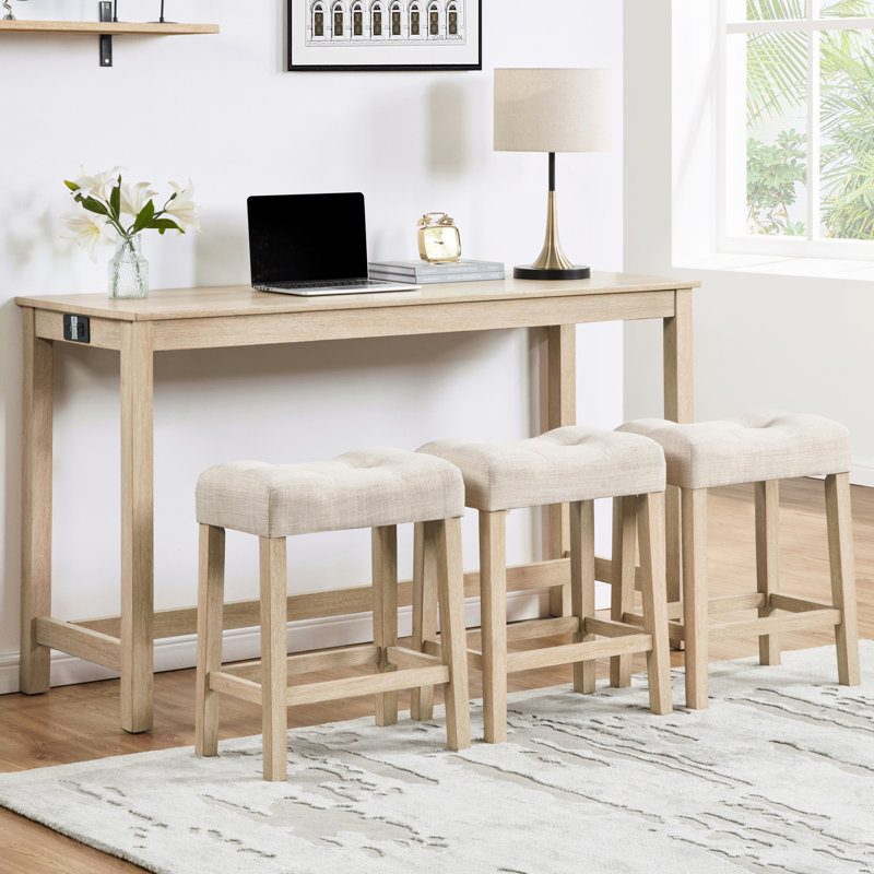 Table de bar 4 pièces avec prises et chargeurs, 3 tabourets rembourrés en chêne, placement derrière, surface en imitation bois, assises confortables en chêne, type C, assises en lin respirant, revêtement en caoutchouc
