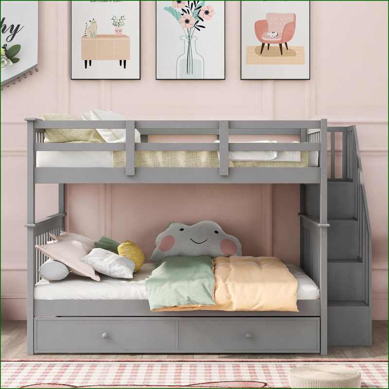 Full-Over-Full Wood Bunk Bed with Twin Trundle, Stair Storage &amp; Guard Rail - Gray | No Box Spring Needed | For Bedroom/Dorm