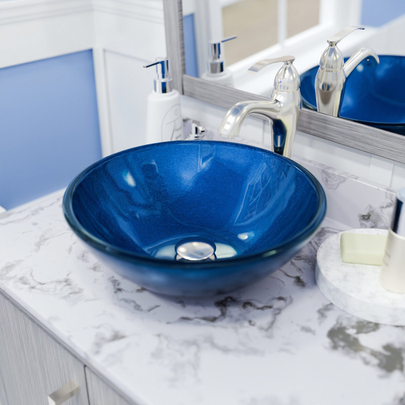 Novatto 16.5'' Blue Glass Circular Bathroom Sink, Brushed Nickel