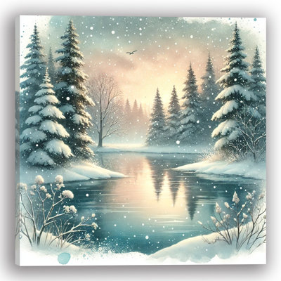 Whispering Winter: Tranquil Snowy Lakeside Canvas Print