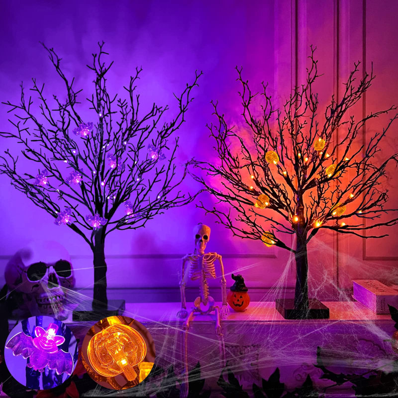 Ensemble de 2 arbres d'Halloween illuminés orange et mauve 24 po