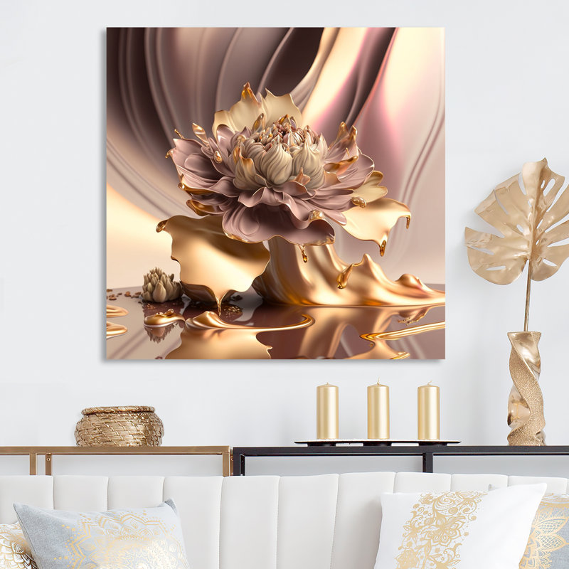 Or liquide et fleurs modernes roses II - décoration murale florale en métal, H 23 po x l 23 po x P 1 po