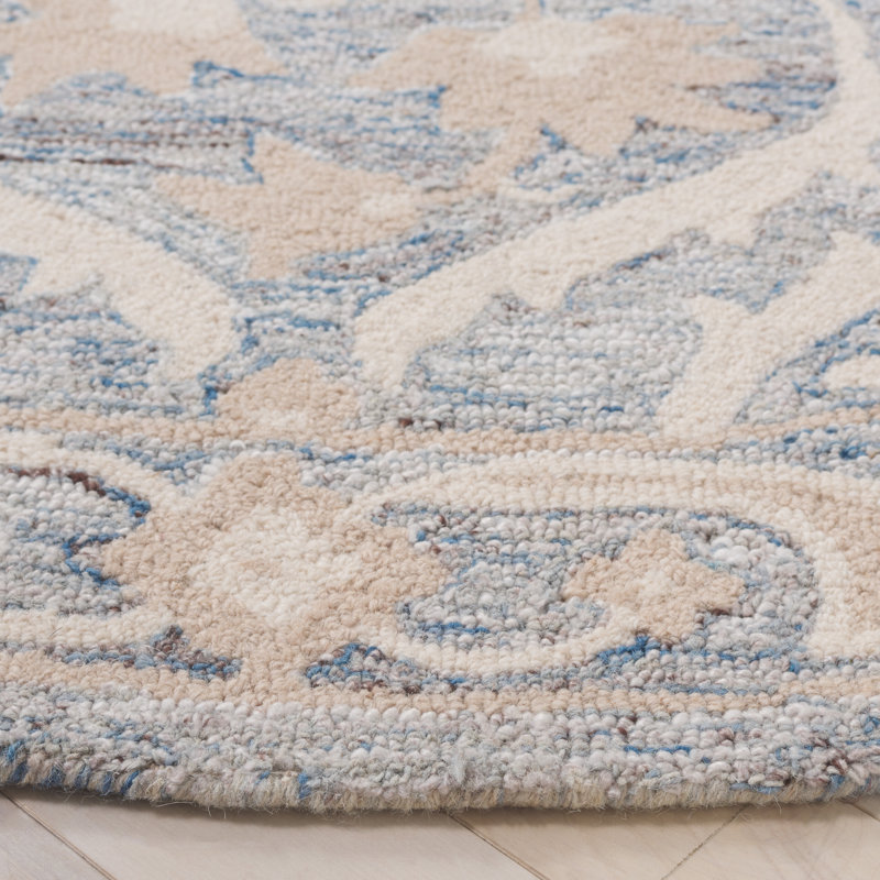 Bornie Tufted Wool/Cotton Damask Rug in Blue/Ivory, Round 6'