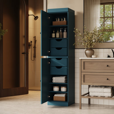 100% Solid Wood Bathroom Storage Cabinet, Shaker Doors, 4 Drawers, Adjustable Shelves, 16.5" Wide, 71.5" Tall
