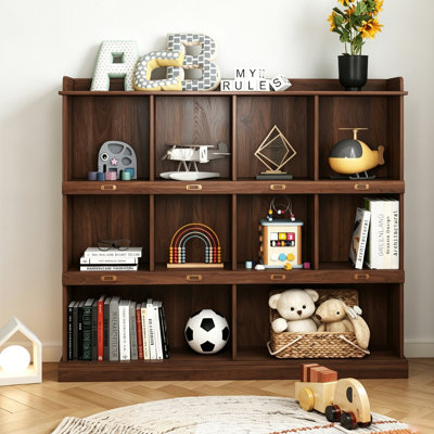 10-Shelf Walnut Cubby Bookcase, Freestanding Open Grid Storage Bookshelf with Anti-Tip Kit, Wide Wood Display Shelving Unit for Living Room, Kids Bedroom & Office Decor Storage