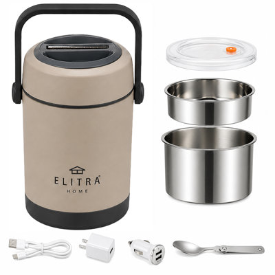 Boîte à repas électrique portative Elimar 1,6 L / 54 oz - 304 en acier inoxydable, 5 V / 20 W USB-C contenant de repas chauffé pour voiture, voyage, travail, bureau - couvercle résistant aux fuites, cuillère, chargeur de voiture inclus (blanc)