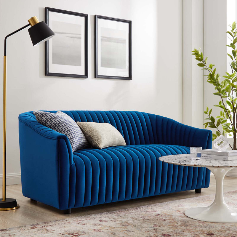 Announce Performance Velvet Channel Tufted Loveseat, Navy Blue