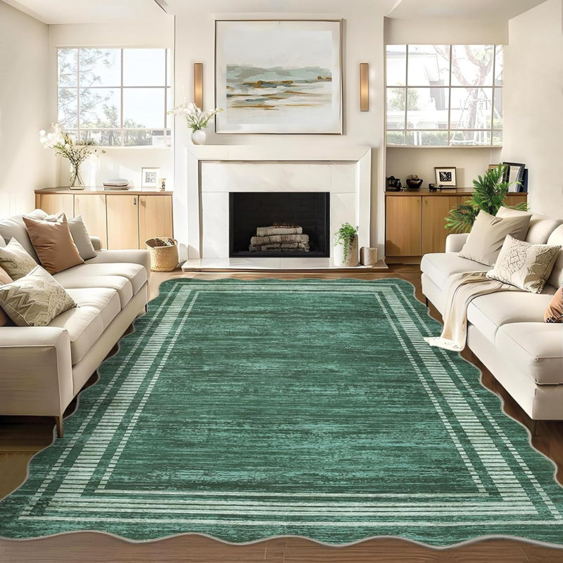 10x13 Geometric Scalloped Non Slip Green Area Rugs for Bedroom Farmhouse Modern Foldable Stain Resistant Soft Low Pile Carpet Soft Machine Washable Living Room Dining Room Farmhouse Decorative Rug