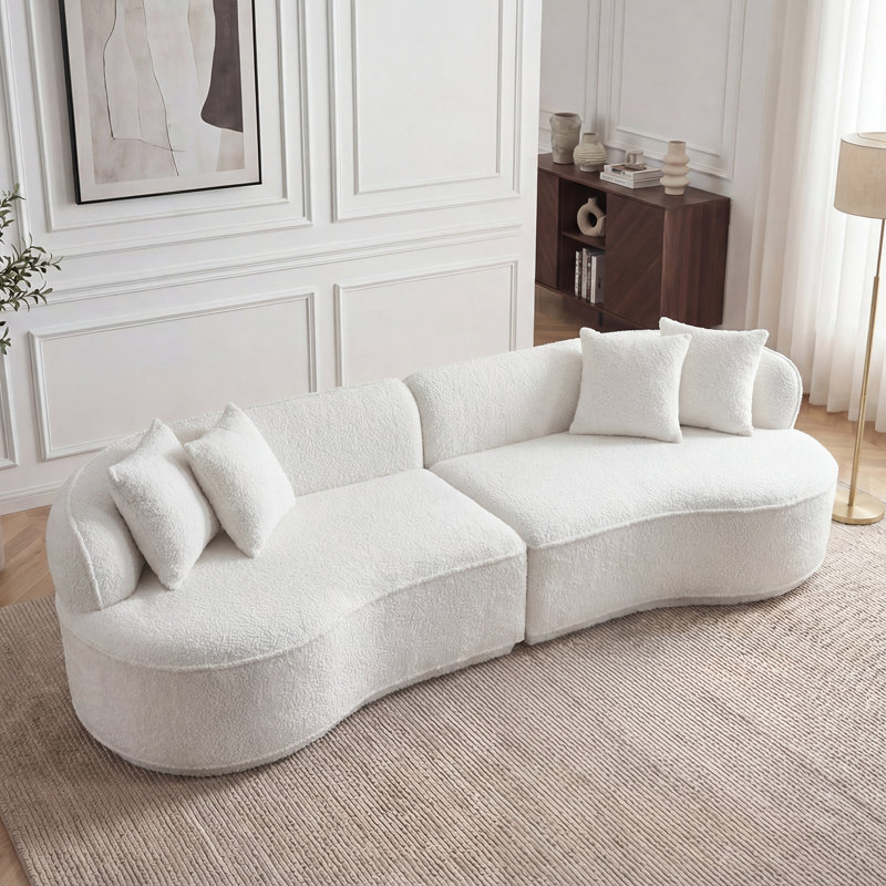 Boneless 114''W Compressed Oversized Sectional Curved Sofa,Modern Luxury Chenille Fabric 4-Seater Sofa With 3 Pillows, White