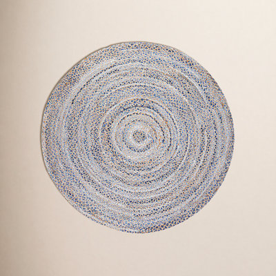 Blue Tan Round Handwoven Geometric Jute Rug