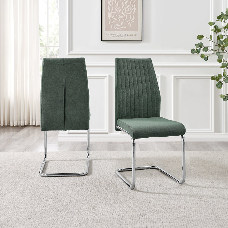 Loren Luxury Fabric Dining Chairs with Legs Upholstered Modern Design - Side Chair, Silver, Green