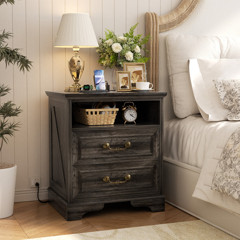 17 Inches Farmhouse Modern Nightstand With 2 Drawers And Built-In Outlets, Gray