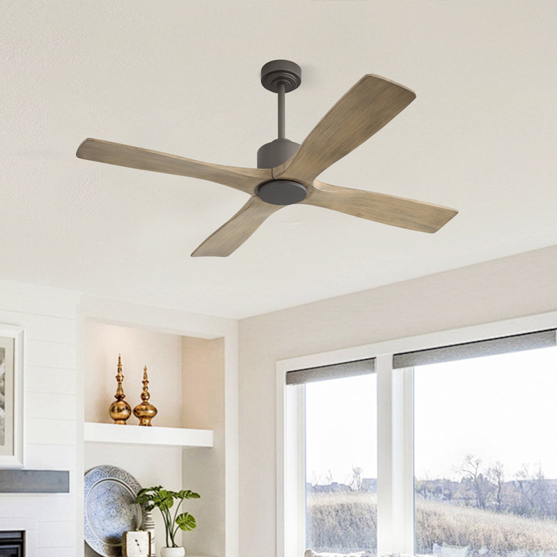 48 po Ventilateur de plafond d'intérieur à 4 pales en bois massif avec télécommande Dc Motor, Argent foncé, Gris