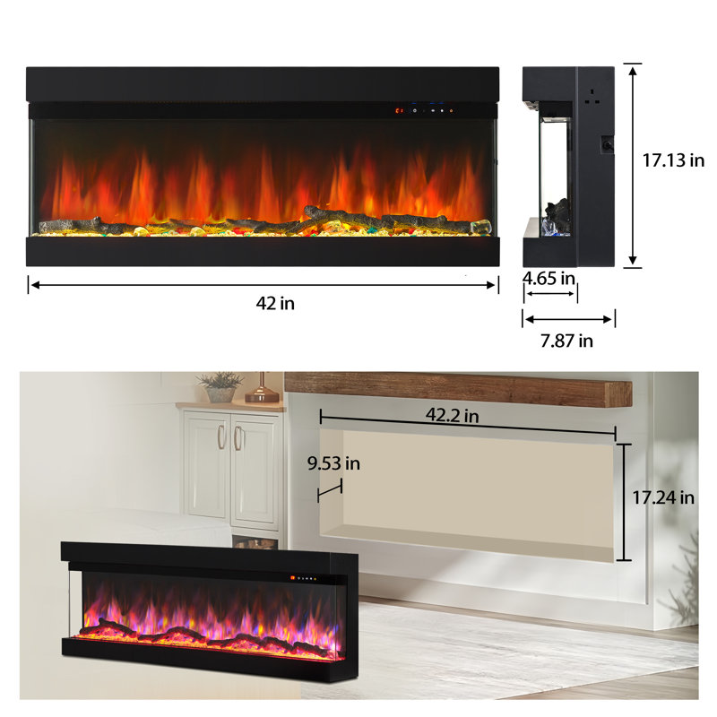 3 Sided Glass Electric Fireplace Multicolors,Inserts And Remote&App Control,Heater And Multicolors Flame Effect Combination,DIY Log&Crystal Combination