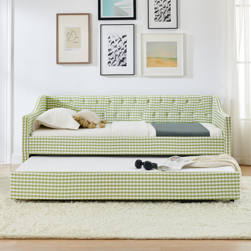 Lit de jour simple, lit de jour convertible rembourré avec dossier capitonné, canapé-lit polyvalent 3 en 1 avec lit gigogne escamotable et rangement latéral, parfait pour une vie compacte