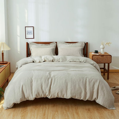 100% Washed Linen Duvet Cover Set 5Pcs(1 Duvet Cover& 2 Shams& 2 Pillowcases) Basic Style Natural French Flax Soft Breathable Farmhouse Bedding