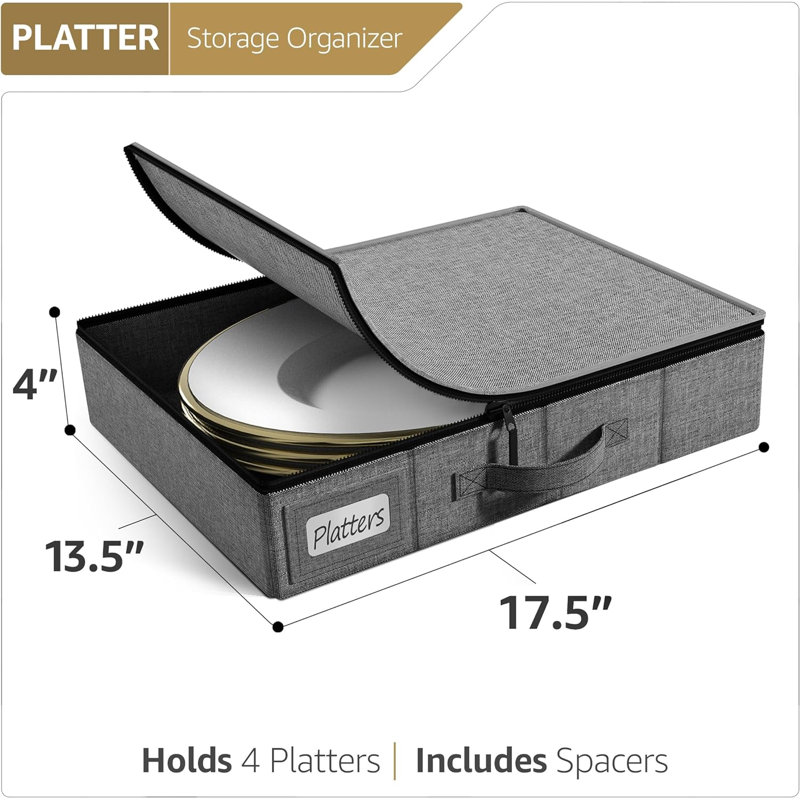 Sorbus Dinnerware Storage Case- Hard Shell, Handles & Felt Dividers - Organize & Safeguard Dinnerware, Compact & Protective Design, Gray