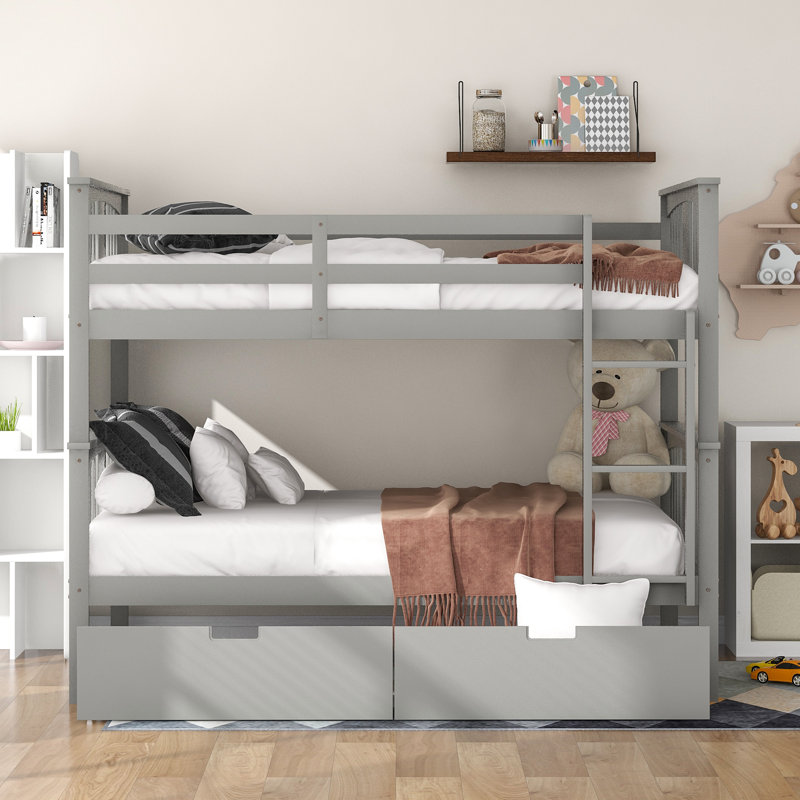 Full Over Full Bunk Bed With Drawers And Ladder For Bedroom, Guest Room Furniture-, Gray