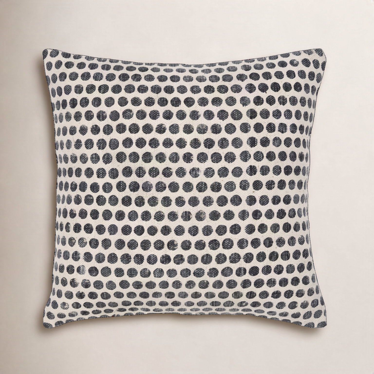 Zetta Polka Dots Cotton Throw Pillow, Square 22", Down, Light Beige/Black