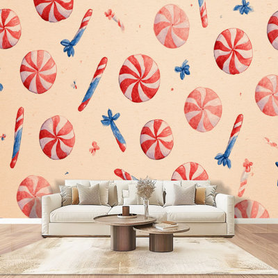 Peel and Stick Wallpaper Wall Mural Christmas peppermint candy seamless Candies red green white swirls Wall Art Self Adhesive and Removable