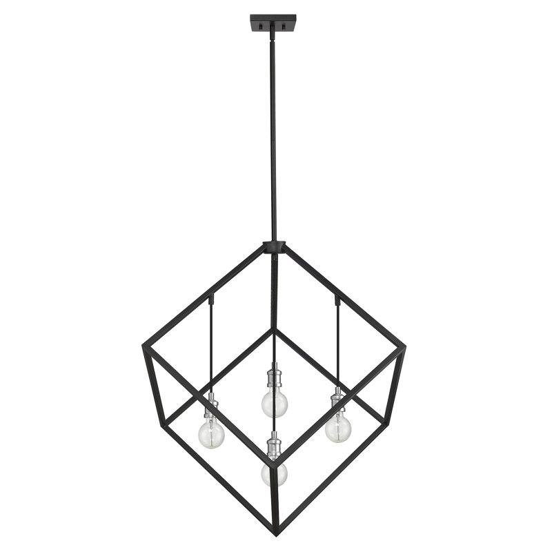 Luminaire suspendu géométrique unique à 4 lumières Zarrukh, Noir mat / nickel brossé, H 36,5 po x l 34 po x P 34 po