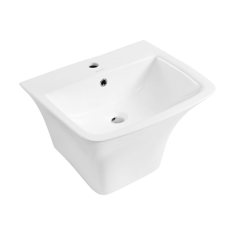 Carre Glossy White Ceramic Rectangular Wall Mount Bathroom Sink with Overflow