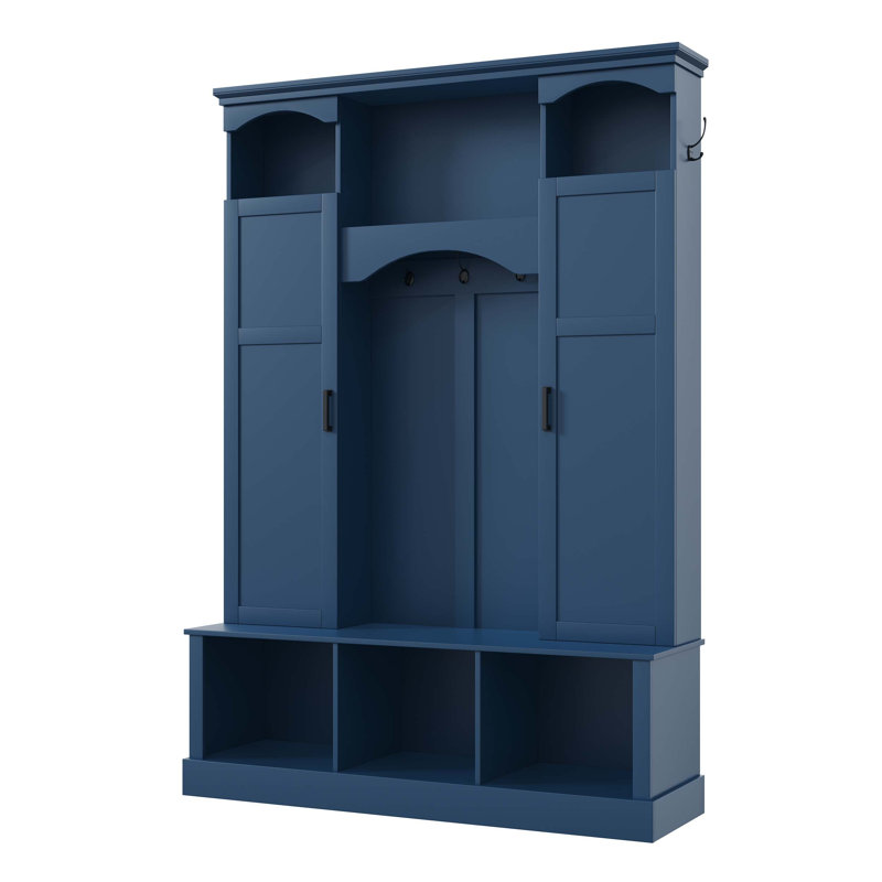 Modern All-in-One Hall Tree with Adjustable Shelves, Dual Side Cabinets, 7 Hooks, and Open Compartments for Entryway Organization and Space Efficiency.