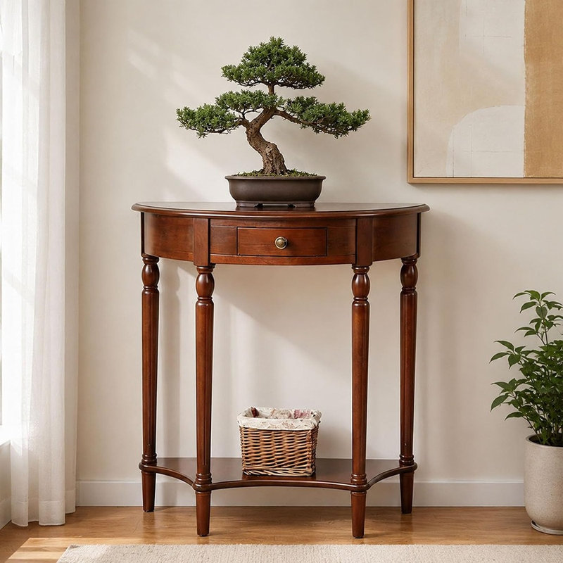 Petite console demi-lune avec tiroir, table d'entrée compacte, table d'appoint étroite