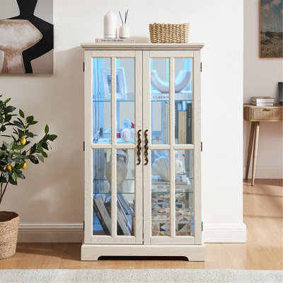 Armoire haute blanche en verre à double porte en treillis, bande lumineuse RVB en couleur, 3 tablettes réglables pour la cuisine, le salon, le bureau et la chambre à coucher