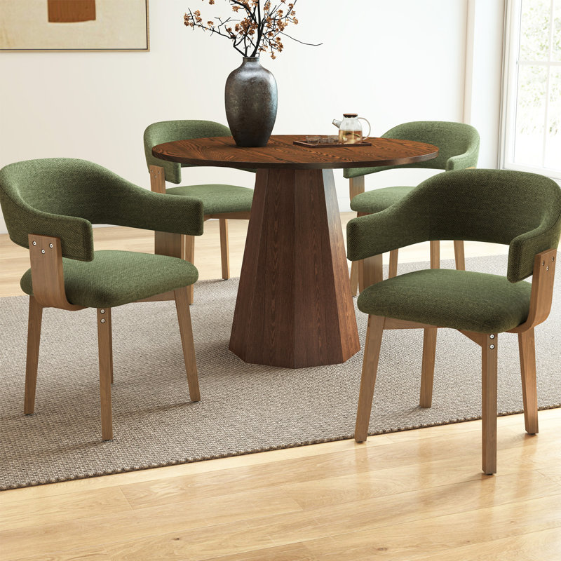 Modern 5-Piece Round Brown Dining Set With Upholstered Chairs With Backrest And Armrests, Fit For 4 People, Chenille, Green