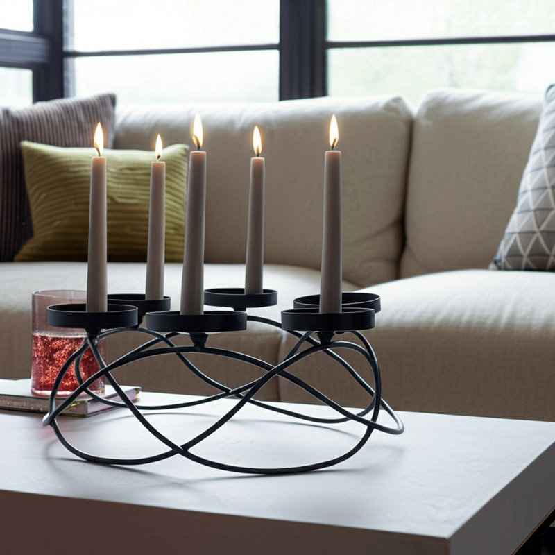 Candle Holder Iron Metal Curved Frame with 6 Round Platforms 14" Black Finish for Home Office Bedroom Living Room Decor