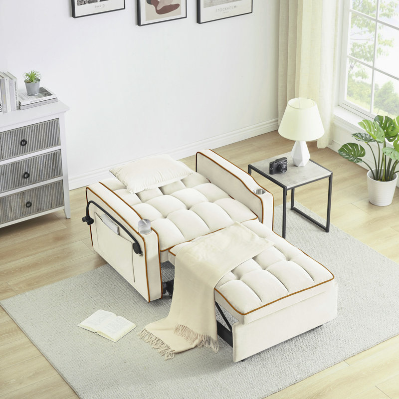 Canapé-lit pliable polyvalent en 3 longueurs, canapé-lit moderne en velours, dossier réglable et avec port USB, cendrier et support pour téléphone pivotant
