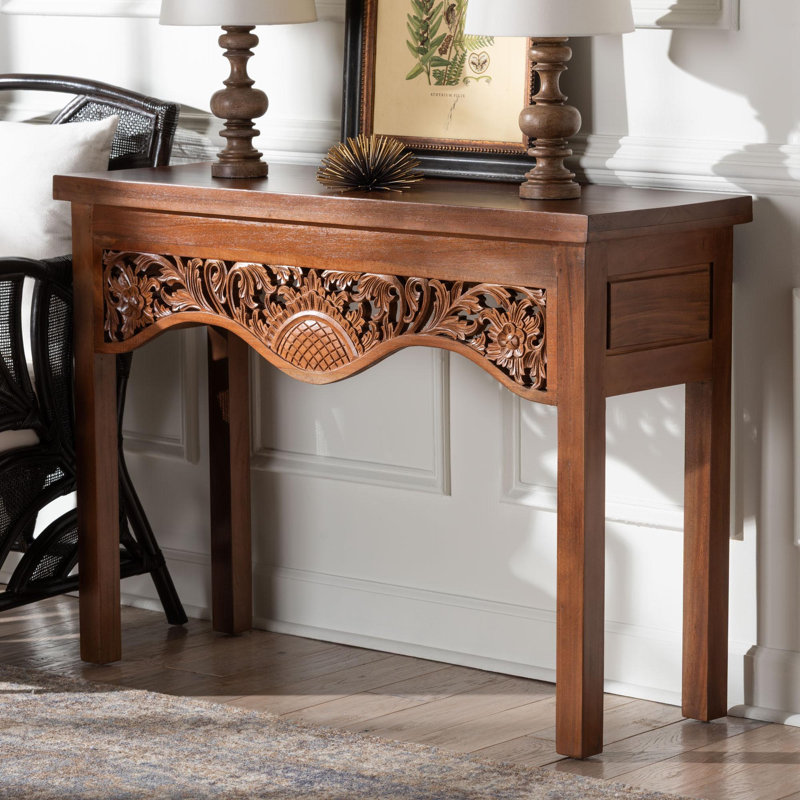Console bali & pari en bois d'acajou Alannis - Table d'appoint avec tablier floral sculpté pour le vestibule, le salon ou le couloir