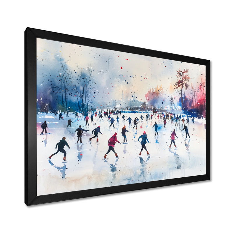 «Ice Skating Winter Landscape III», art mural paysage d'hiver, 34" H x 44" W, Picture Framed Print, Black