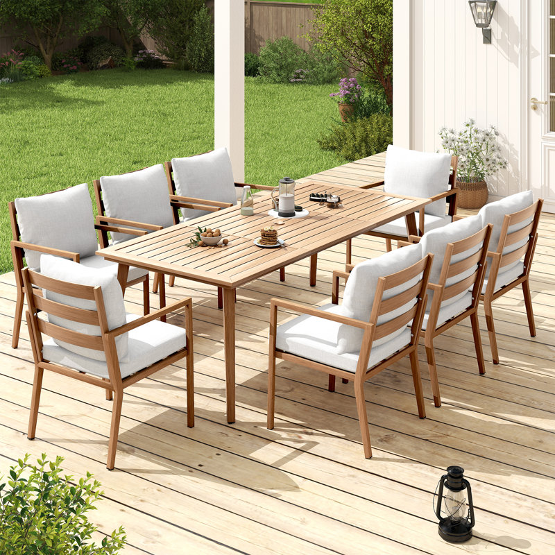 Ensemble repas de patio en aluminium brun 9 pièces avec table rectangulaire et coussins gris clair Michael