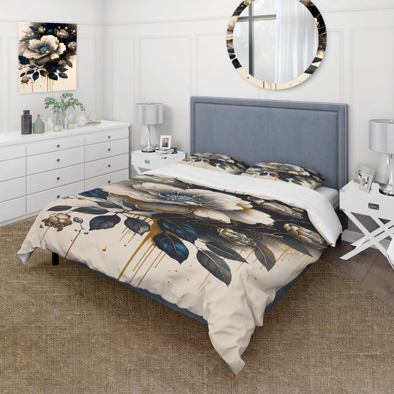 Ensemble de housse de couette Camellia Bouquet II noir et doré - Polyester microfibre