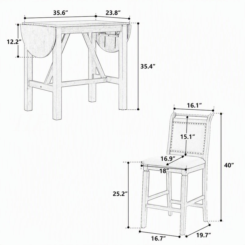 Ensemble de table de salle à manger 3 pièces en bois, hauteur de comptoir, avec abattants et 2 chaises rembourrées, pour petits espaces