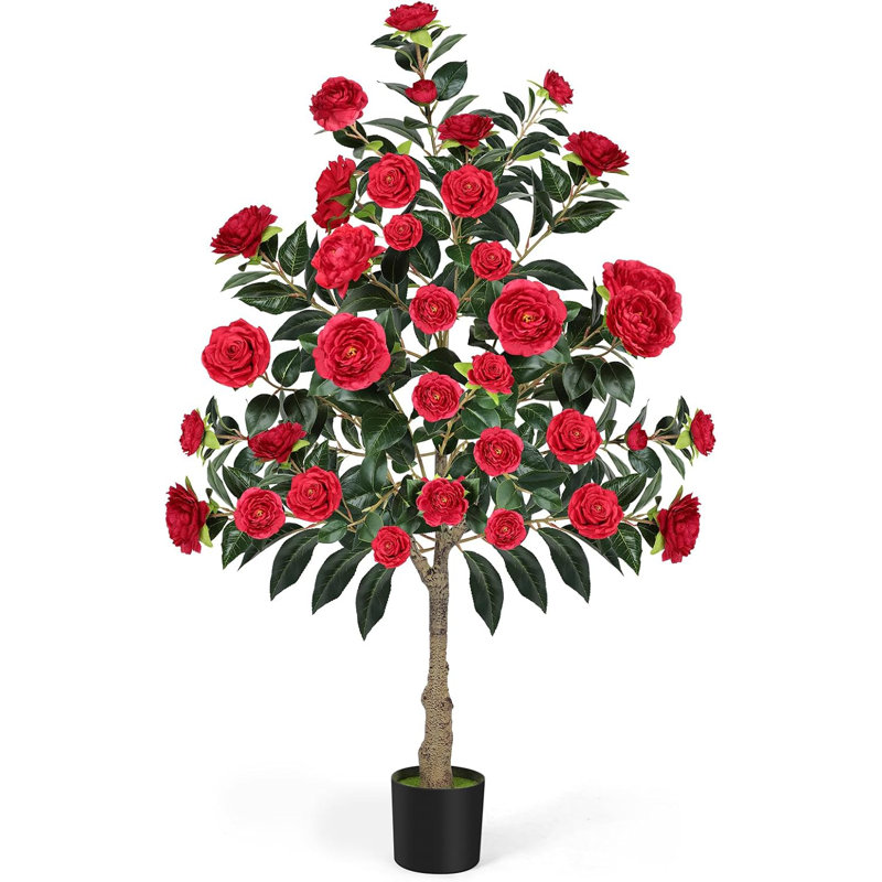 Ensemble de camélias artificiels - rouge, H 15,2 po x l 17,8 po x P 38,1 po