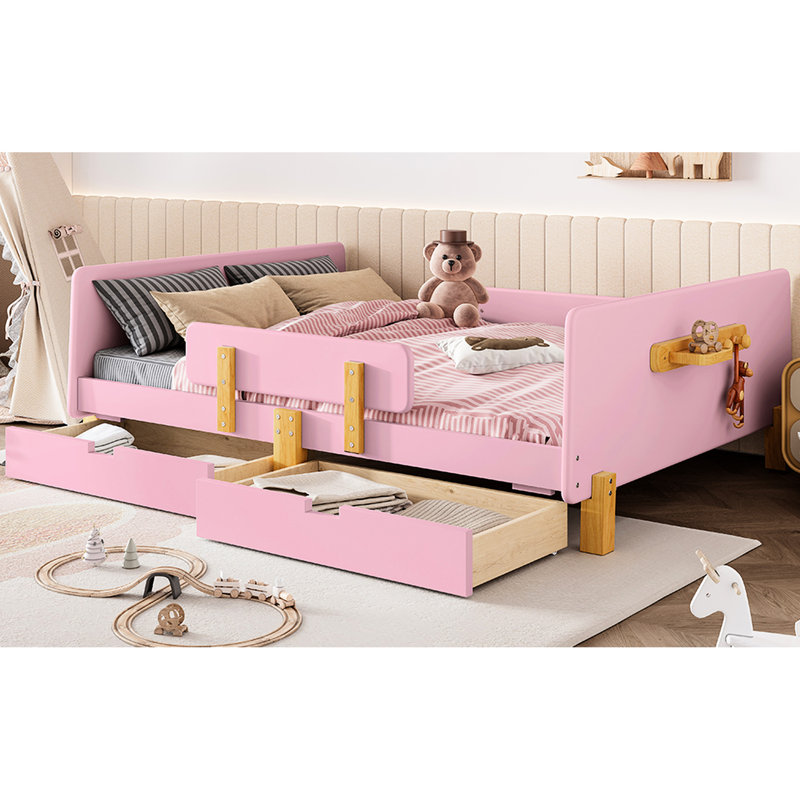 Lit plateforme rose avec rangement et structure en bois massif, rail, tablette pour le confort de la chambre à coucher Mélange esthétique fonctionnel