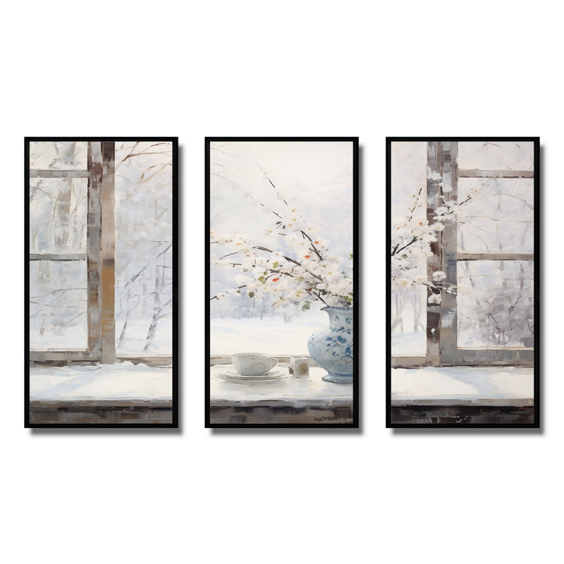 Snow By The Winter Window View 4 - Japan Wall Art, 28" H x 36" W x 1" D, Black Floater Framed