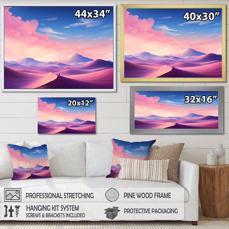 Dunes célestes roses et bleues «Desert Expedition I» - art mural désert, Toile tendue, H 30 po x l 40 po x P 1,5 po