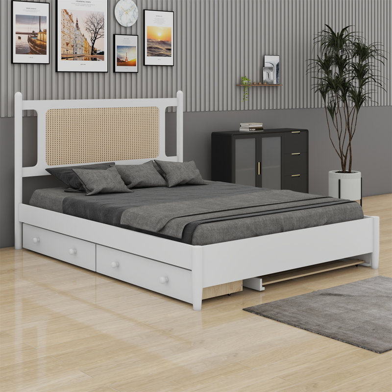 Lit plateforme en rotin de bois avec 2 grands tiroirs, lit gigogne, Blanc